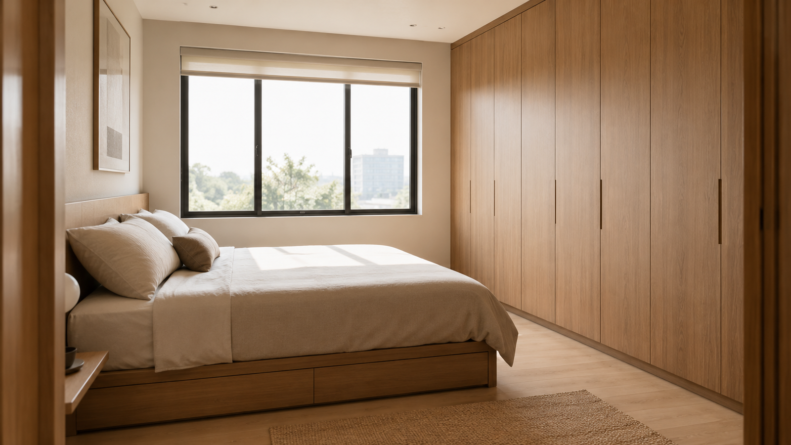 Compact bedroom with storage bed and flush wardrobe wall